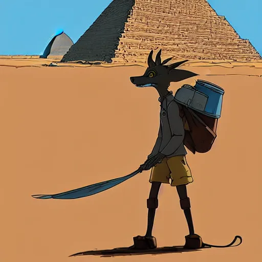 Image similar to a study of cell shaded cartoon of a mechanized grey jackal from howl's moving castle ( 2 0 0 4 ), in front of pyramids on a desert road, full body, wide shot, very muted colors, post grunge, studio ghibli, laurie greasley, highly detailed, deviantart, art by artgem