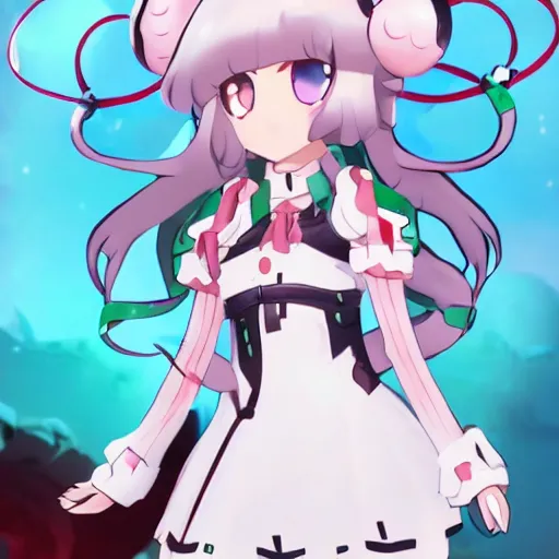 Prompt: Hoppou or also called Northern Ocean princess, a character from Kantai Collection in vrchat looking at a random person from VRChat she has white hair and big round anime eyes