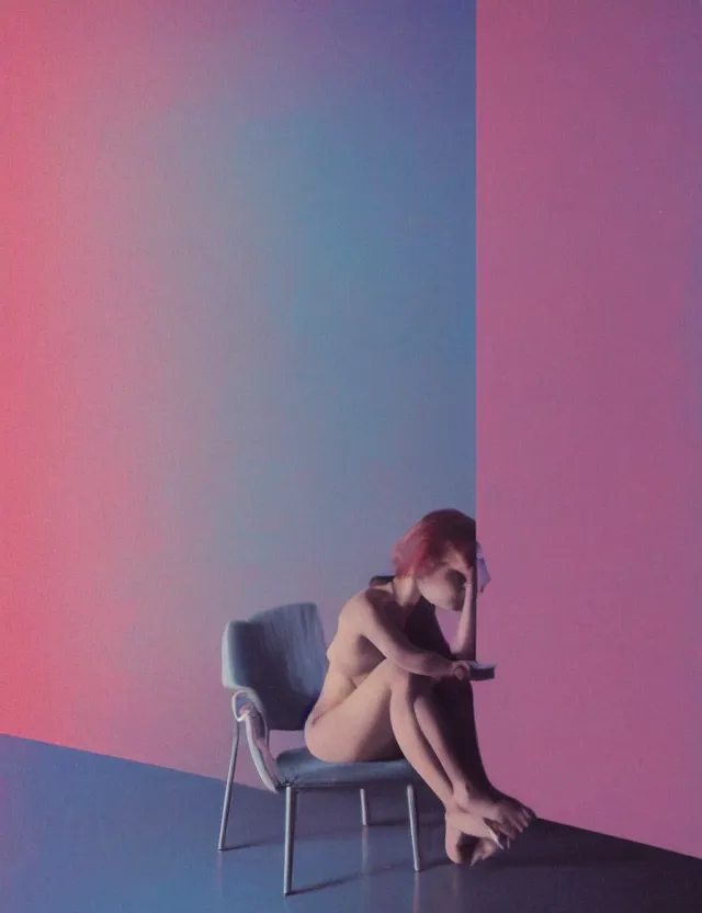 Prompt: woman in dark room sitting on a chair infront of tv, blue rays from tv, redshift, wide shot, coloured polaroid photograph, pastel, kodak film, hyper real, stunning moody cinematography, by maripol, fallen angels by wong kar - wai, style of suspiria and neon demon, david hockney, detailed, oil on canvas