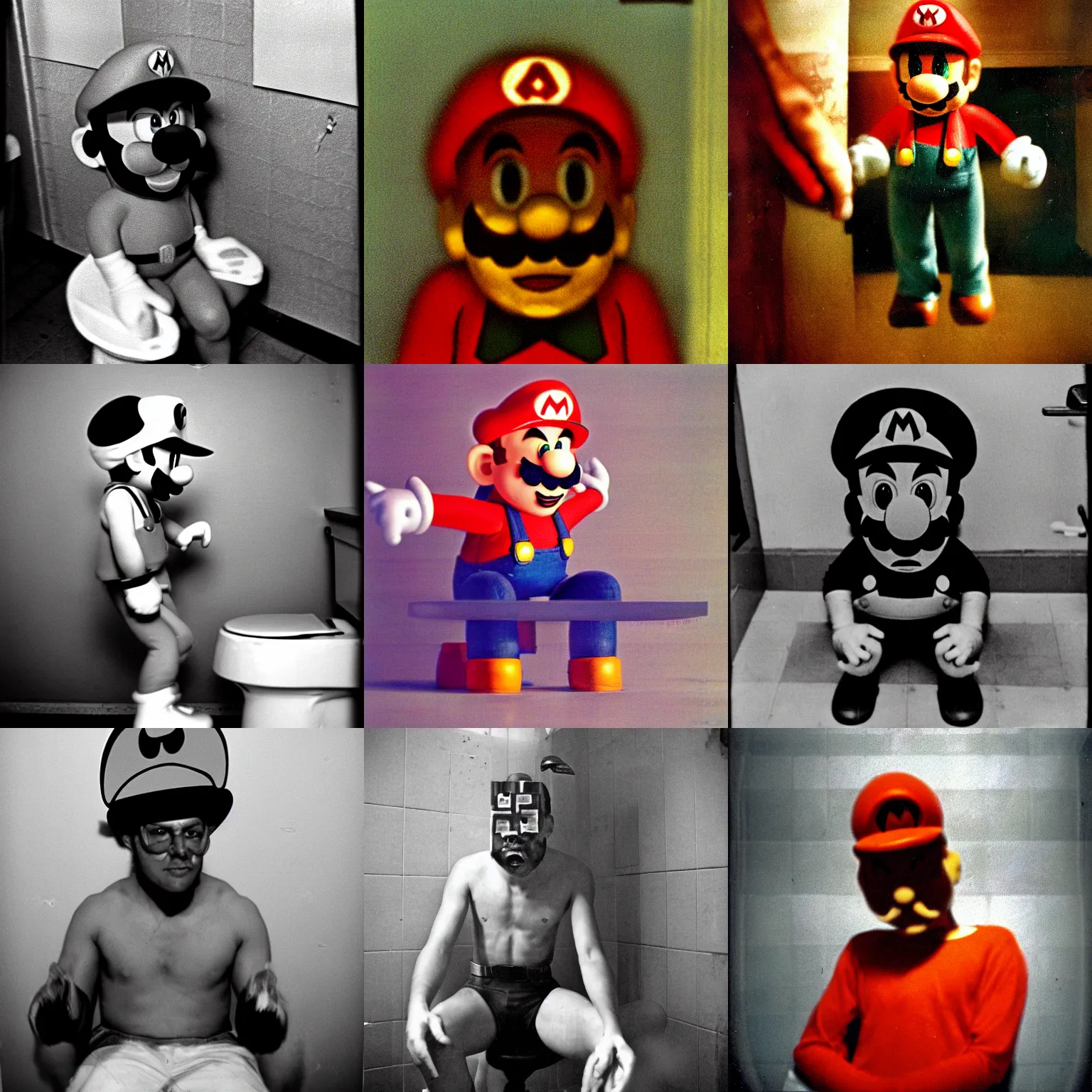 Prompt: 35mm pentax k1000 photograph grainy abstract experimental expired film photo of real human Video Game Character Super Mario, bored and angry sitting on a toilet, in 1960s New York