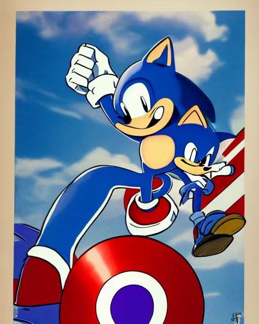 Image similar to sonic the hedgehog with captain america's shield promoting the fight against eggman propaganda poster, american propaganda