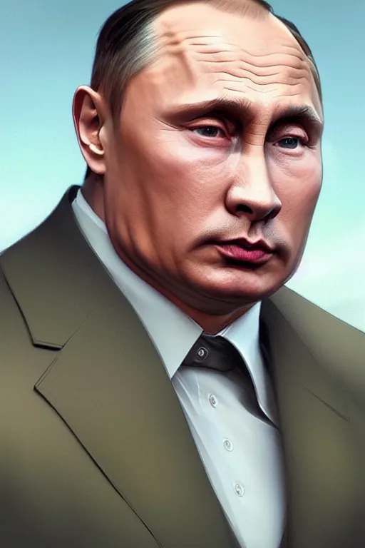 Image similar to vladimir putin with kim jong un hairstyle, realistic portrait, symmetrical, highly detailed, digital painting, artstation, concept art, smooth, sharp focus, illustration, cinematic lighting, art by artgerm and greg rutkowski and alphonse mucha