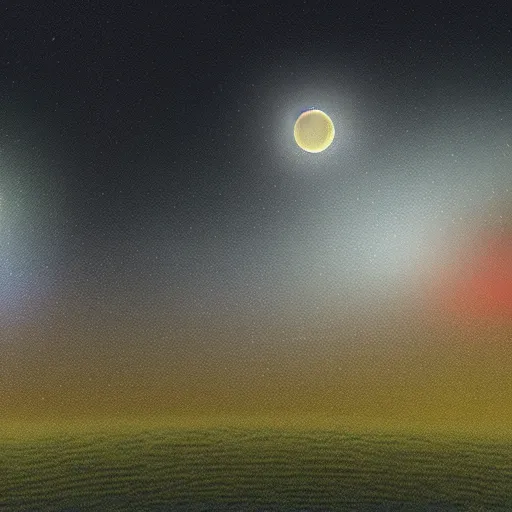 Image similar to Digital painting of a futuristic alien world with 3 moons and a rainbow haze