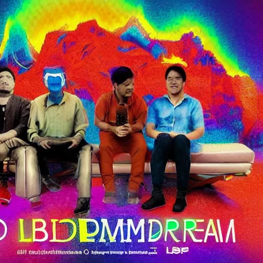 Image similar to LSD dream, one mexican man, one asian man, one white man, one black man, sitting on couch, melting atmosphere, 4k