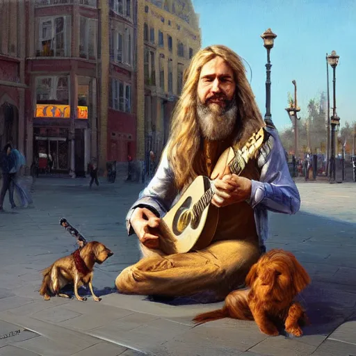 Image similar to oil painting of a man with long hair blond and a beard hippie style with his golden retrever dog playing guitar in the square for money, people watching around, by greg rutkowski, artstation