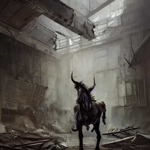 Prompt: a hyper - muscular anthropomorphized male horse with a magnificently muscular physique wearing tactical gear standing in the ruins of a facility, furry art, furaffinity, highly detailed, digital painting, artstation, concept art, magic the gathering, illustration by artgerm, greg rutkowski, wlop