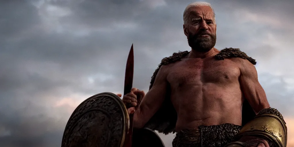 Image similar to epic cinematic film still of joe biden as leonidas in the movie 3 0 0, golden hour lighting, moody sky, 8 k