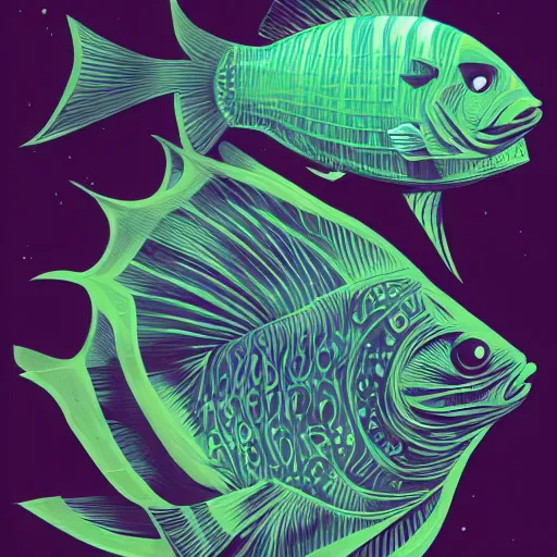 Image similar to one stylized fish, viewed in profile, dark ocean, complex patterns, artstation, intricate, realistic, highly detailed, digital painting, concept art, sharp focus, illustration by tom whalen and charles williams and kilian eng and james jean
