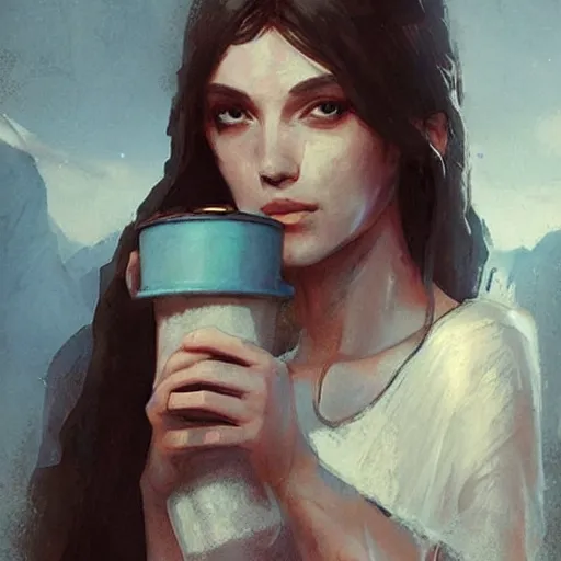 Image similar to pretty roman girl drinking coffee, extremely long hair, epic fantasy art by Greg Rutkowski