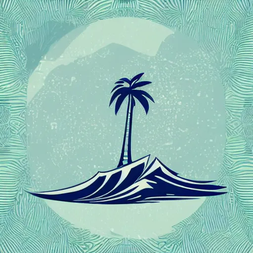 Image similar to waves in bottom front of a palm tree in front of a giant stylized volleyball vector logo, professional sports style, flat colour, svg, professional, sharp edges