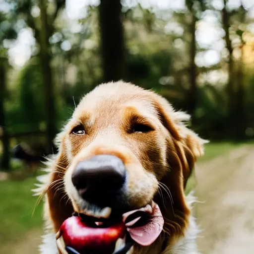 Prompt: a dog holding an apple in its mouth, 8 k, 4 k, professional photography, award winning photo