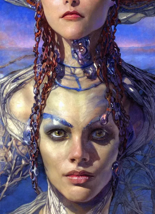 Image similar to biblical shy beautiful female ice mage android, heavy eyes to the side, closeup, bright glowing veins and eyes, in clouds, sunset, portrait, by gerald brom, by mikhail vrubel, by peter elson, muted colors, extreme detail, reflections, trending on artstation, 8 k