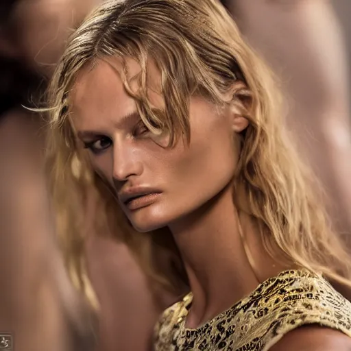 Image similar to portrait of young edita vilkeviciute, versace fashion show spring summer backstage, detailed face, greg rutkowski, intricate, elegant, highly detailed,