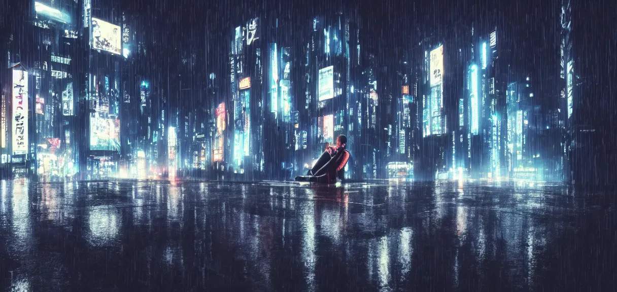 Image similar to shot of the roof with single man sitting on the edge during rain, below impressive cyberpunk night city during great rainy storm with lightning, nightscape, futuristic architecture, realistic photo, neons, blade runner, akira style, cinematic lighting, cinematic angles