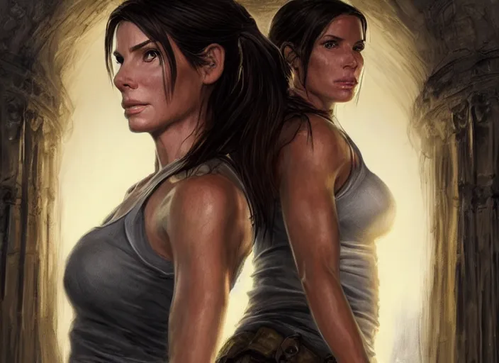 Image similar to face portrait of concentrated young Sandra Bullock as Lara Croft entering the large Minas Tirith gate, sun beams, intricate, elegant, highly detailed, centered, digital painting, artstation, concept art, smooth, sharp focus, illustration, Allan Lee, John Howe