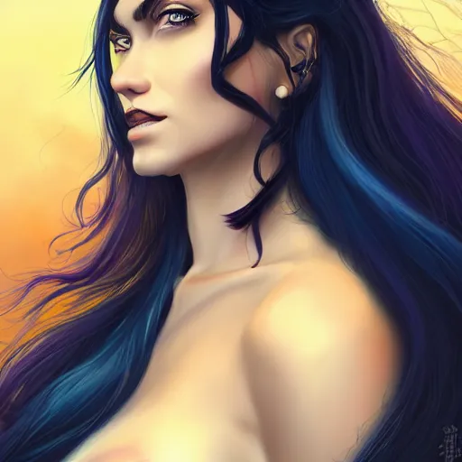 Image similar to a stunning upper body portrait of a beautiful woman with raven hair blowing in the wind by marvel comics, digital art, trending on artstation