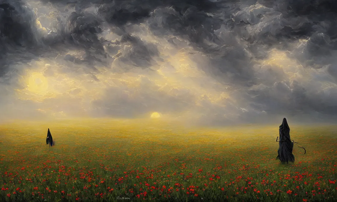 Prompt: breathtaking oil painting with palette knife of a plains landscape in luxurious nature, with intricate art nouveau moody dark tumultuous clouds, at dawn with roses and golden petals flying, grim reaper silhouette with scythe, concept art, matte, by krista schumacher and georgia hart,