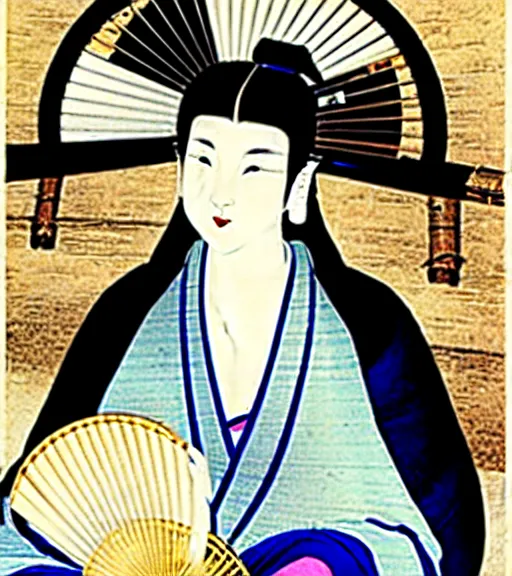 Image similar to madonna the singer in a beautiful kimono holding in her hand a fan, sitting on the floor next to a black and white playing cat, in the background a folding screen with blue irises and a window with bamboo. in the style of bijin - ga.