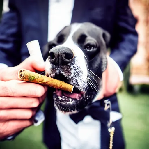 Image similar to a high detail closeup photograph of a dog wearing a suit 👔,and smoking a cigarrette🚬, award wining photograph