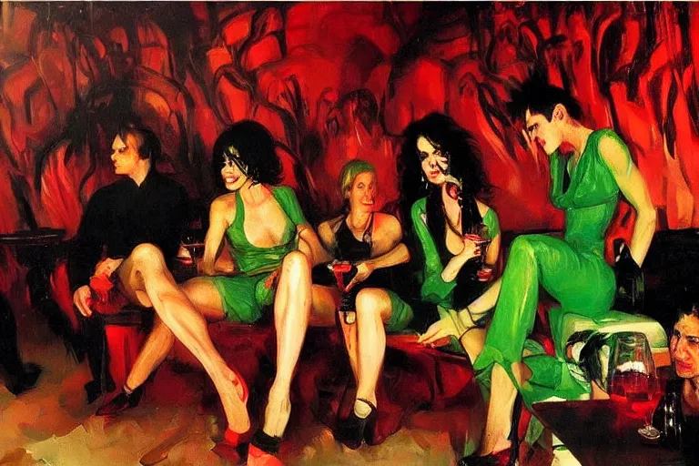 Prompt: glam rockers drinking brutal and raw wine, inside a green cave with red lights by joaquin sorolla, phil hale, extremely detailed, greek style