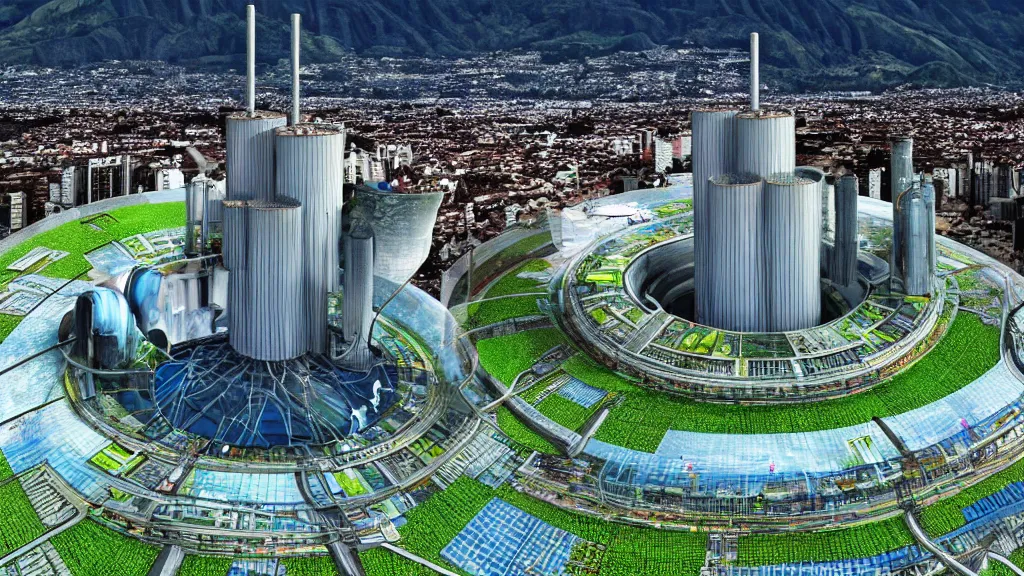 Prompt: Nucleur Reactor integrated with nature and City Quito, Ecuador; by Vincent Callebaut; 4K, 12K