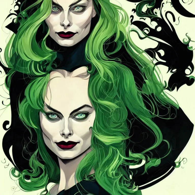 Prompt: Beautiful witch margot robbie, style of Joshua Middleton comic book art Nick Dragotta comic art, black and green eyes, symmetrical face, symmetrical eyes, scary smile, full body, dark green dress