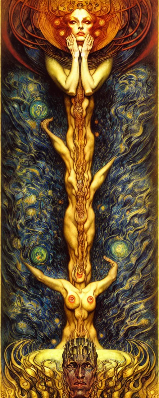 Image similar to Divine Chaos Engine by Karol Bak, Jean Delville, William Blake, Gustav Klimt, and Vincent Van Gogh, symbolist, visionary