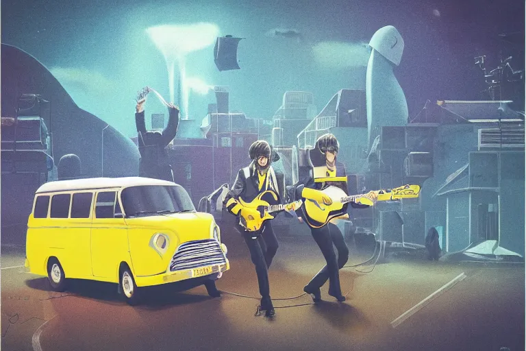 Image similar to the beatles performs with guitar on a yellow flying minivan, sci fi, art by mike winkelmann, trending on cgsociety, retrofuturism, darksynth, sci - fi