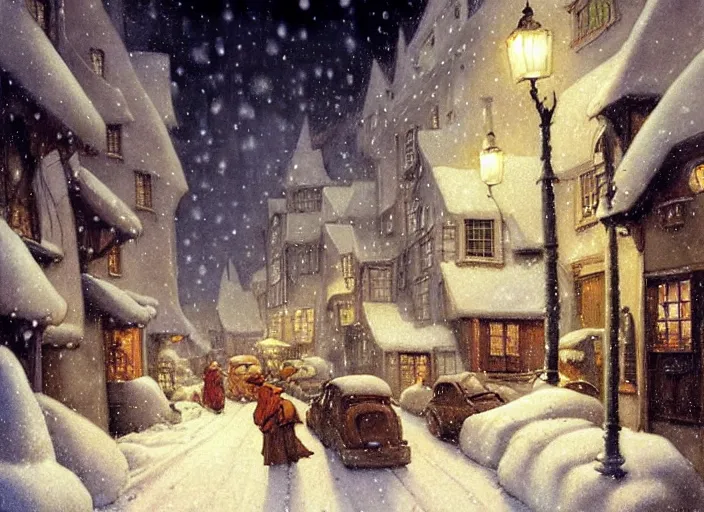Image similar to a night scene of a snowy street, a detailed painting by anton pieck and gil elvgren, deviantart contest winner, fantasy art, concept art, official art
