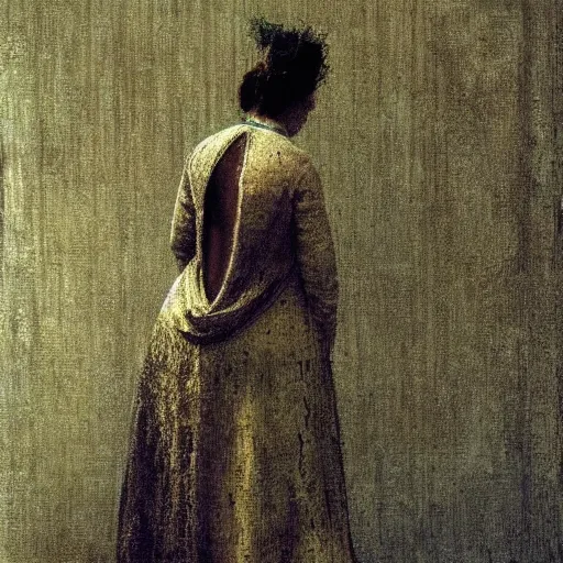 Image similar to A body art. A rip in spacetime. Did this device in her hand open a portal to another dimension or reality?! linen, lemon chiffon by John Atkinson Grimshaw chaotic, turbulent