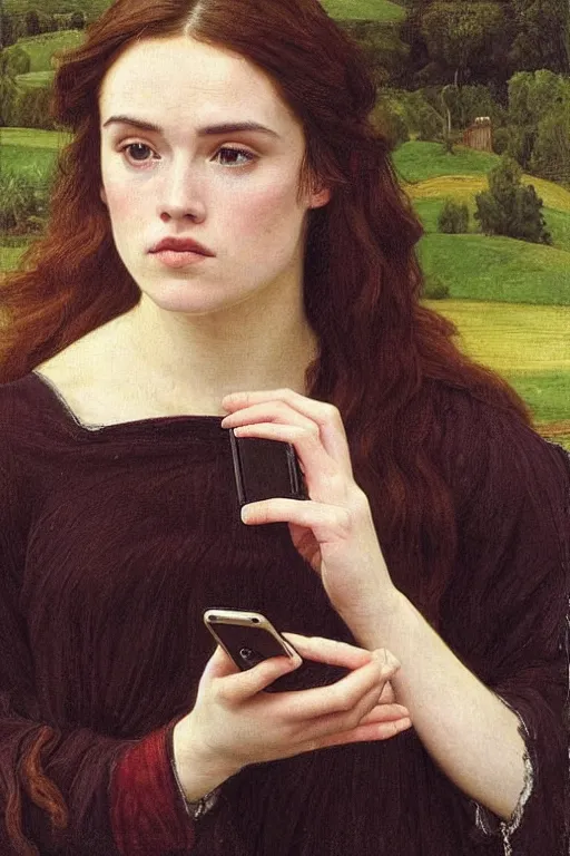 Image similar to a pre raphaelite painting of daisy ridley looking disinterestedly at her phone by dante gabriel rossett