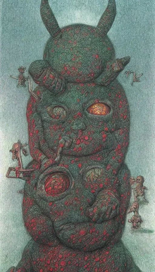 Image similar to giant occult teletubby by beksinski, colored pencil art, detailed, scary