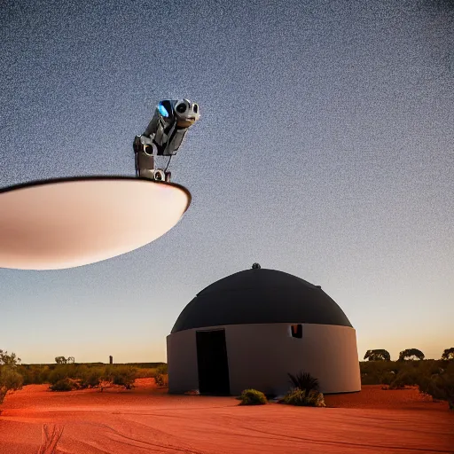 Image similar to robot with giant extrusion nozzle printing a domed house in the australian desert, XF IQ4, 150MP, 50mm, F1.4, ISO 200, 1/160s, dawn
