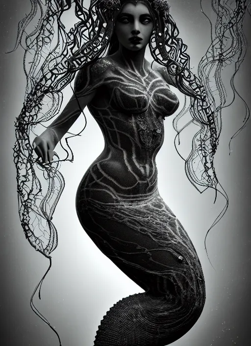 Image similar to surreal mythical dreamy dark artistic black and white fine art photo of a beautiful young female medusa - mermaid - cyborg covered with translucent algae, highly detailed, intricate crystal ivy jelly fish scales ornate, lace web, poetic, octane render, 8 k, photo - realistic, by man ray