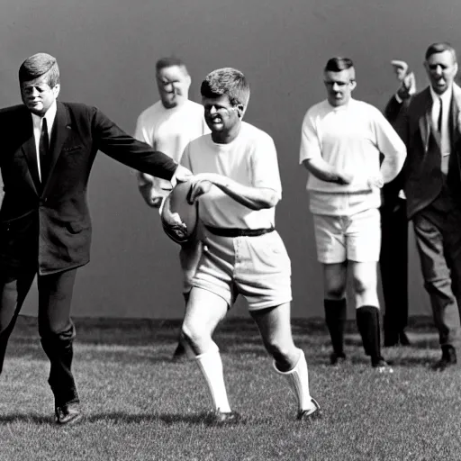 Image similar to photo of John Fitzgerald Kennedy playing football with his Secret Service agents