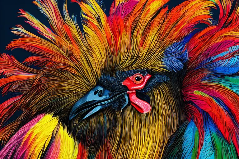 Prompt: illustration of a rooster with feathers of many colors, by ken barthelmey and liam cobb, lively colors, portrait, sharp focus, colored feathers, jungle