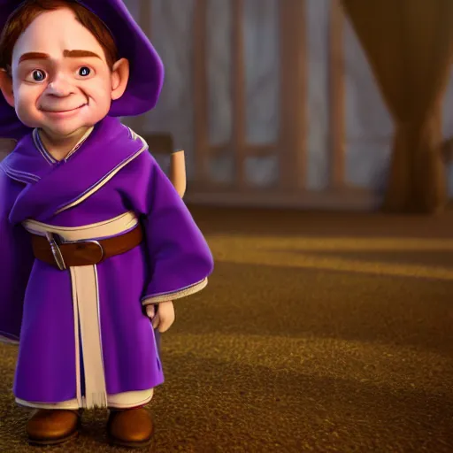 Image similar to portrait of lightfoot halfling wizard, brown hair, purple robes, holding blue wand, trending on artstation, cinematic lighting, hyper realism, octane render, 8 k, hyper detailed