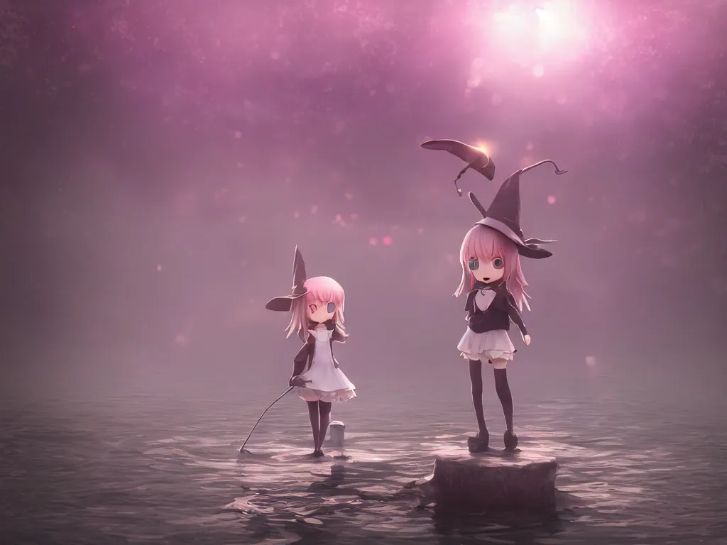 Prompt: cute fumo plush girl witch standing in reflective murky river water, volumetric fog and smoke, light shafts shining through the dusky light, moonglow, lens flare, chibi anime, vray