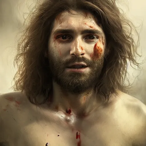 Image similar to UHD closeup of a Photorealistic long haired man with a giant gaping hole in his chest, heart exploding, with incredible amount of blood gushing out by Antonio Caparo and Ferdinand Knab and Greg Rutkowski, UHD, photorealistic, trending on artstation, trending on deviantart