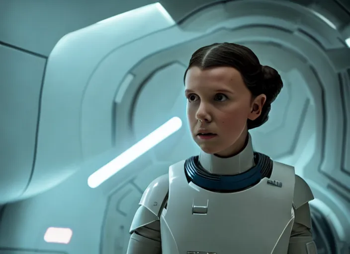 Prompt: film still of!!!! millie bobby brown!!! as princess leia in star wars movie, closeup portrait, exploring interior of mass effect spaceship, glamour pose, dramatic lighting, octane, mist, volumetric lighting, 8 k