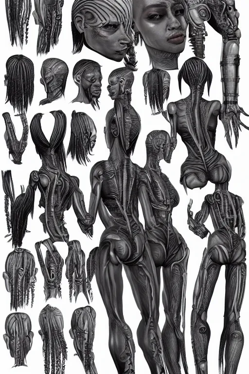 Prompt: african braids hairstyles!! cyberpunk female with gunmetal grey skin, medical anatomy, scarred face, highly detailed, mecha, mechanical implants, three - perspective / three - view reference sheet ( front / back / side ), in the style of dan ouellette, dren from splice, hr giger, sil from species, artstation, unreal engine