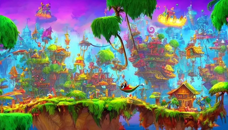 Image similar to backgrounds for animation in the style of rayman game series, background concept art, Rayman Legends, Rayman Origins, lively, joyful, colorful, jungles, cities, highly detailed, intricate, plants, colorful houses