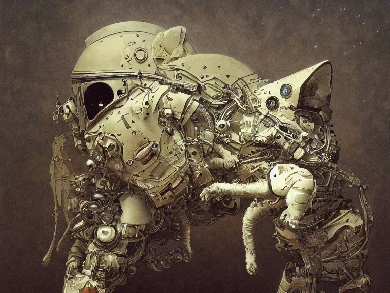 Image similar to a detailed profile painting of a cat in a spacesuit, symmetrical and science fiction theme by beksinski carl spitzweg and tuomas korpi. baroque elements, full-length view. baroque element. intricate artwork by caravaggio. Trending on artstation. 8k