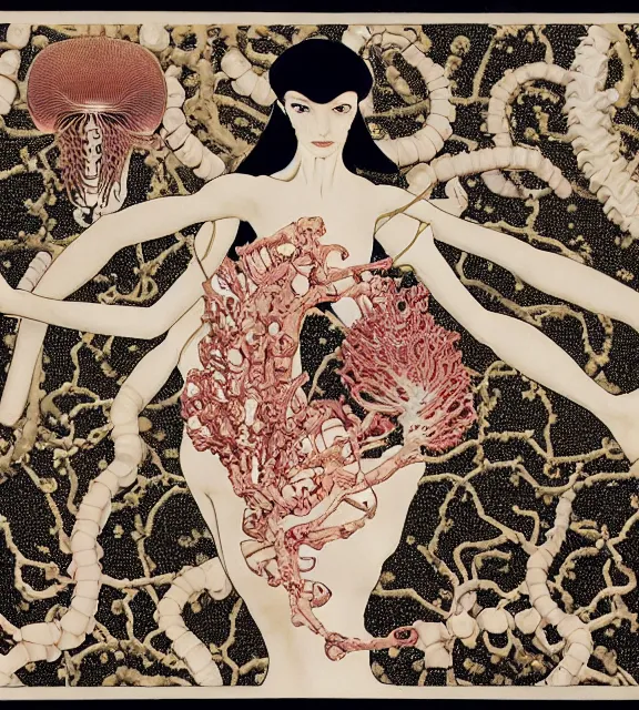 Prompt: still frame from Prometheus, biomechanical gaia sowing in blossoming mycelium gardens by Neri Oxman and alexander mcqueen, metal couture haute couture editorial by giger by utagawa kuniyoshi