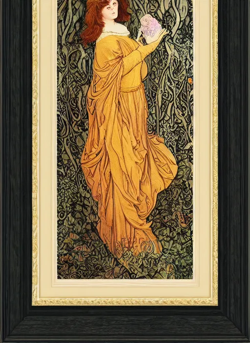 Image similar to masterpiece beautiful seductive flowing curves pose preraphaelite portrait photography, straight bangs, thick set, yellow ochre ornate medieval dress, mushroom forest arch, amongst foliage, william morris and kilian eng and mucha, framed, 4 k