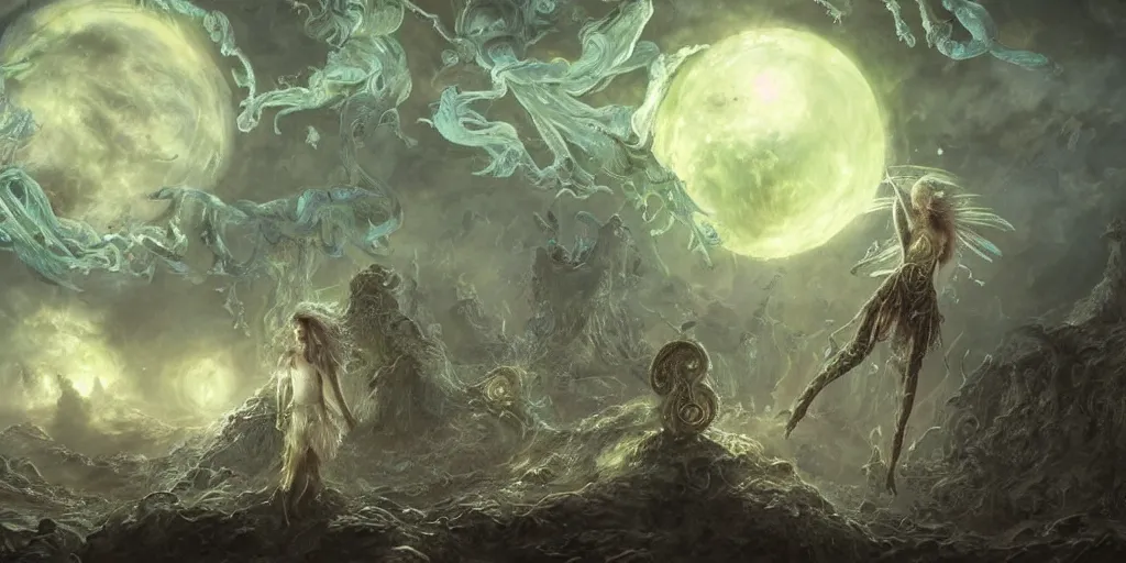 Image similar to concept art of translucent glowing fairies, lovecraftian, renaissance, melting, round moon, rich clouds, fighting the horrors of the unknown, very detailed, volumetric light, mist, fine art, decaying, textured oil over canvas, epic fantasy art, very colorful, ornate intricate scales