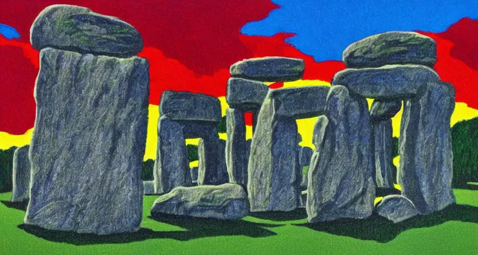 Prompt: color sketch of stonehenge, highly detailed, dramatic lighting, intense shadows, rich deep colours, by roy lichtenstein