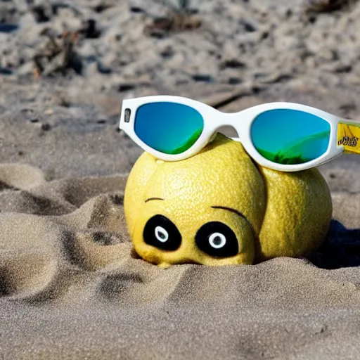 Prompt: a lemon character wearing sunglasses on the beach, pixar