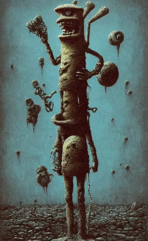 Image similar to spongebob squarepants in style of zdzisław beksinski, standing in wasteland, horror art, creepy, desolate