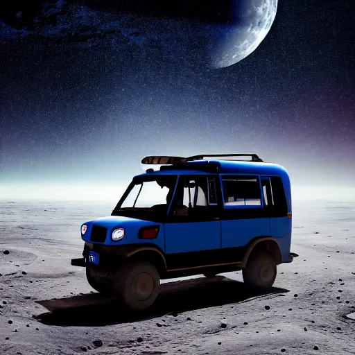 Image similar to a dark blue mototaxi traveling on the surface of the moon, moon craters, night sky, milky way, hard lighting, matte painting, concept art, 4k